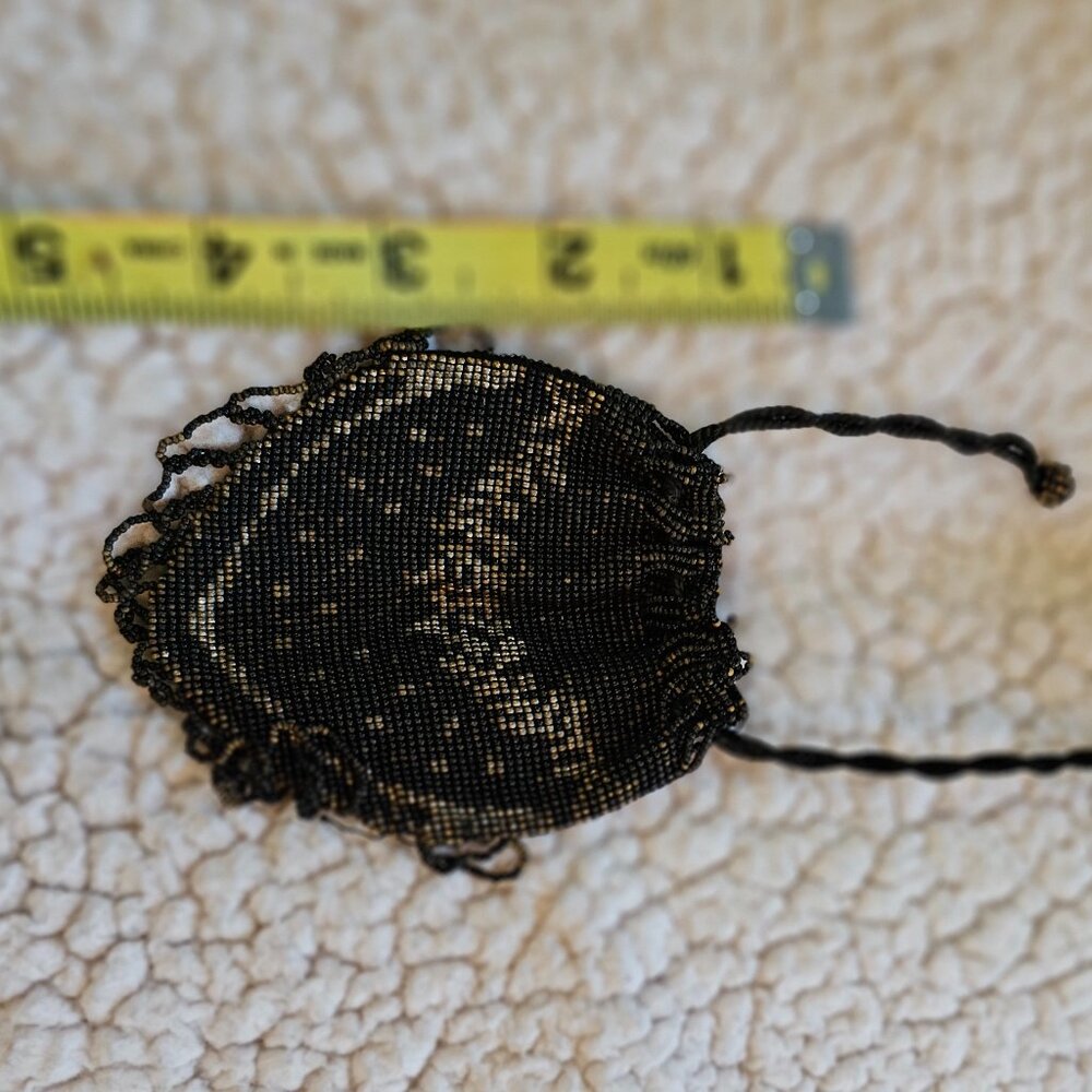 Antique Beaded Drawstring Pouch – Black & Gold, Fringe Tassels, Art Deco Style - Picture 8 of 10